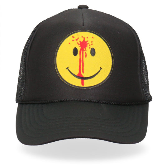 A black trucker hat with a mesh back featuring a embroidered smiley face bullet design on the front panel.