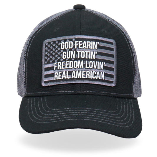 A black and gray trucker hat with an American flag and text patch on the front, representing the brand Hot Leathers.