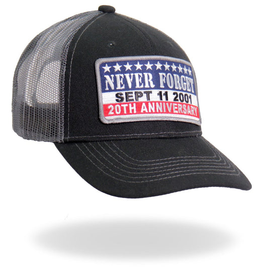 A black trucker hat with a 'NEVER FORGET Sept 11 2001 20th ANNIVERSARY' patch, featuring stars and text in white and red on the front.