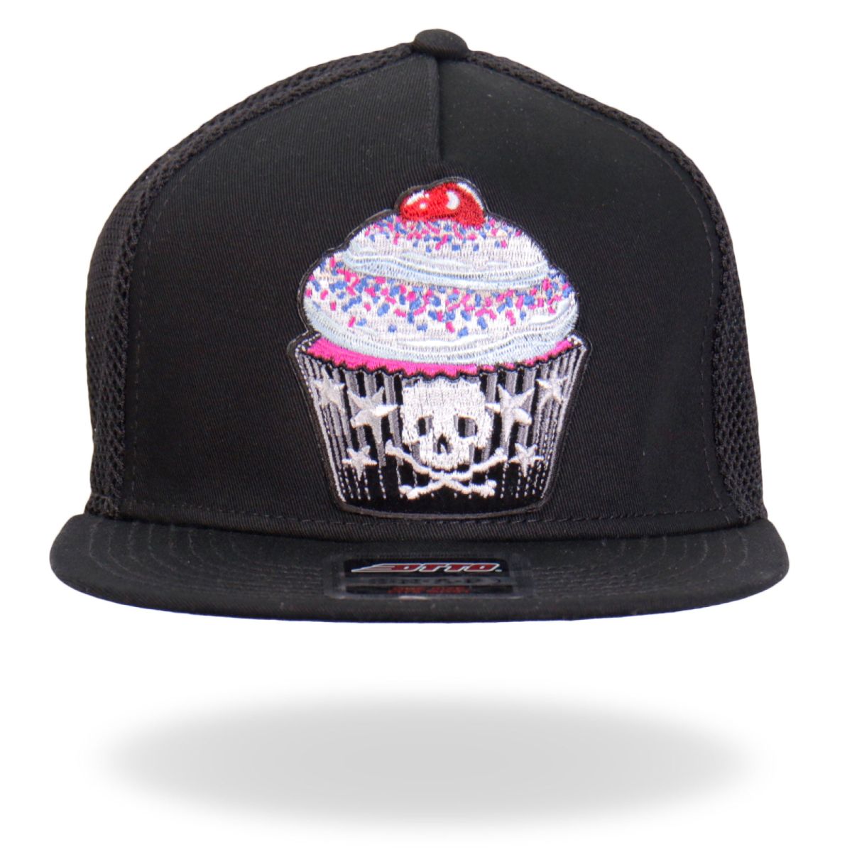 A black Hot Leathers snapback hat with a cupcake design featuring a skull on the top, decorated with colorful sprinkles and a cherry on top.
