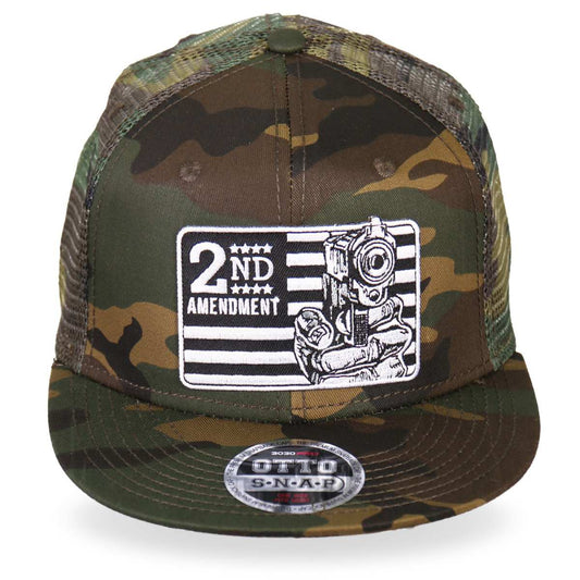 A camouflage snapback hat with a '2nd Amendment' patch on the front.