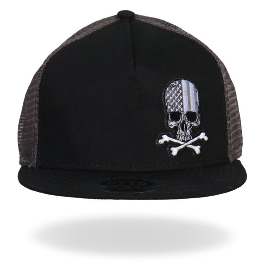 A black Hot Leathers snapback hat with a graphic print of a skull and crossbones on the front.