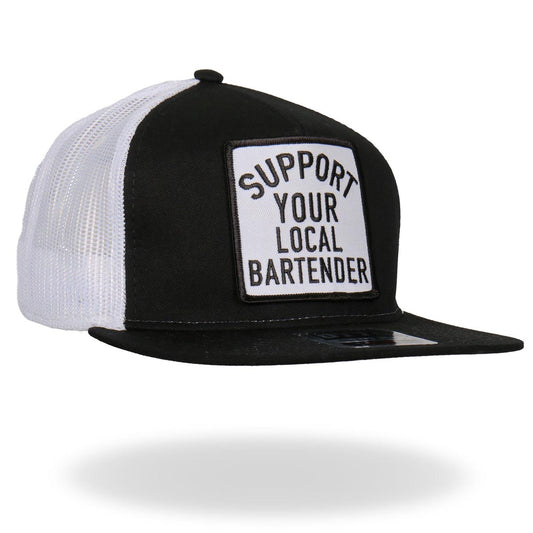 A black and white snapback ball cap with 'SUPPORT YOUR LOCAL BARTENDER' text on the front.