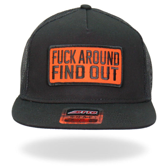 This image features a bold and expressive Hot Leathers snapback hat, model GSH2010. The hat sports a black fabric with a striking orange "FUCK AROUND FIND OUT" patch on the front.