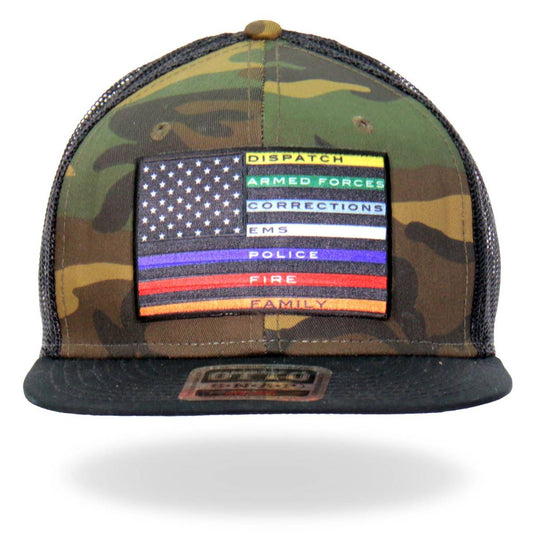 A camouflage snapback hat with a flat brim and an American flag patch featuring Thin Line Colors design on the front.