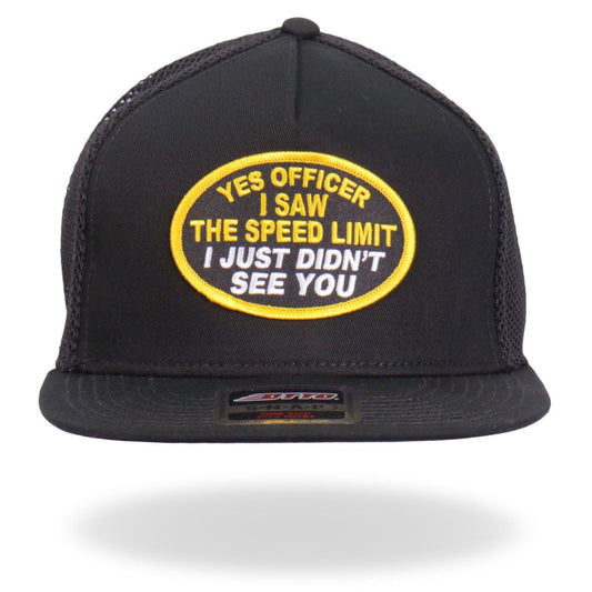 A black Hot Leathers snapback hat with a yellow and white text logo on the front.