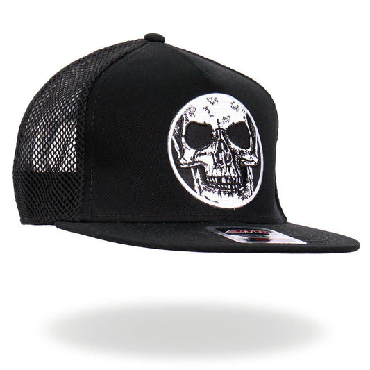 A black snapback hat with a mesh back and a graphic print of a skull on the front, featuring the text 'Hot Leathers.'