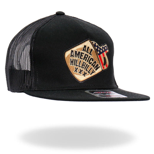 A black snapback cap with 'All American Hillbilly' text and a Hot Leathers patch on the front.