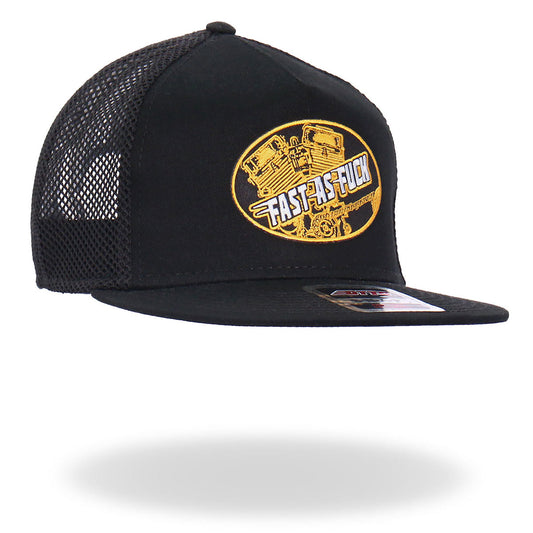A black 'Fast As Fuck' snapback hat with a yellow patch featuring text and graphics, mesh back, and an adjustable snap closure.