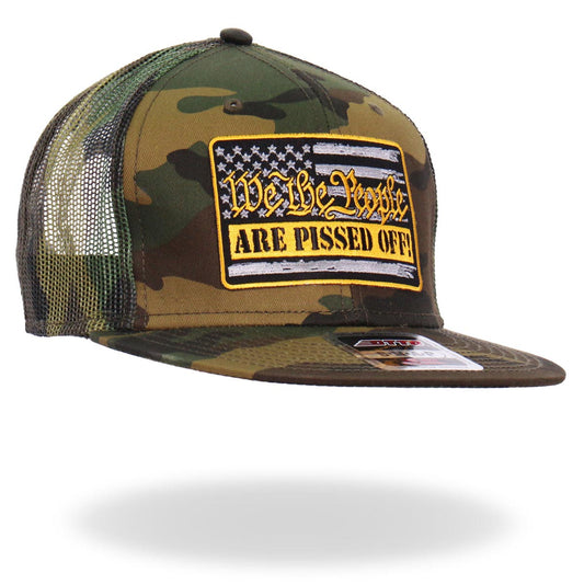 A camouflage snapback hat with an adjustable strap, featuring a patch with the text 'We The People Are Pissed Off!' on the front.