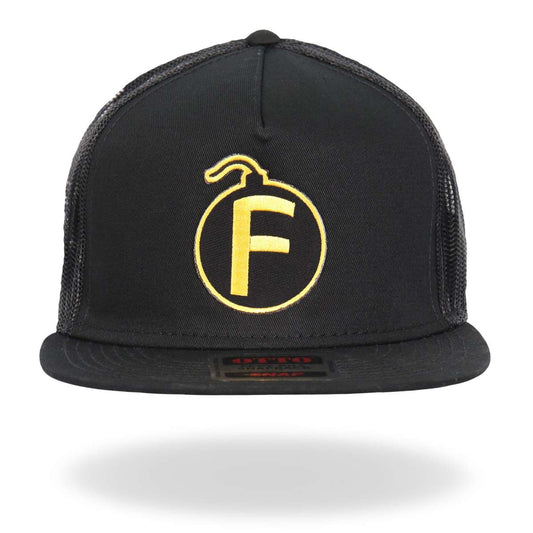 A black and yellow snapback hat with the letter 'F' in a circle logo on the front panel.