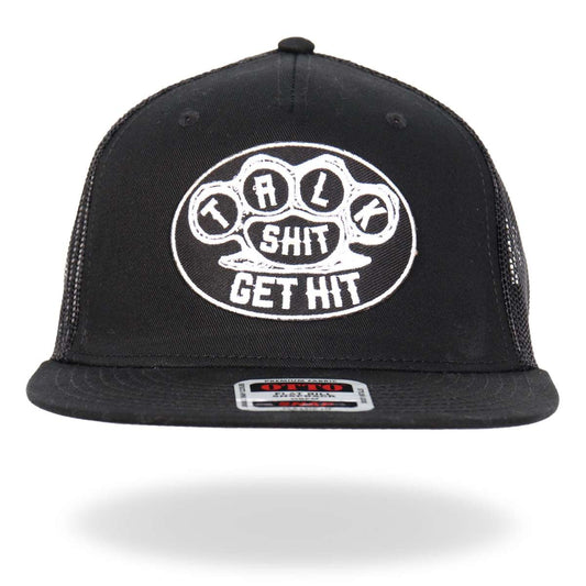 A black and white snapback hat with 'Talk Shit Get Hit' written on the front.