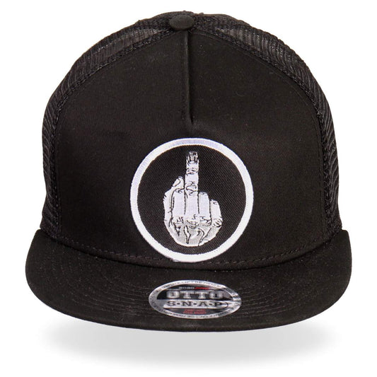 A black Hot Leathers snapback hat with a flat brim and a graphic print of a middle finger on the front.