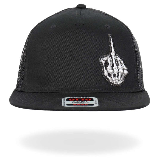 A black snapback hat with a graphic print of a skeleton hand on the front panel, featuring a flat bill and an adjustable plastic snap closure.