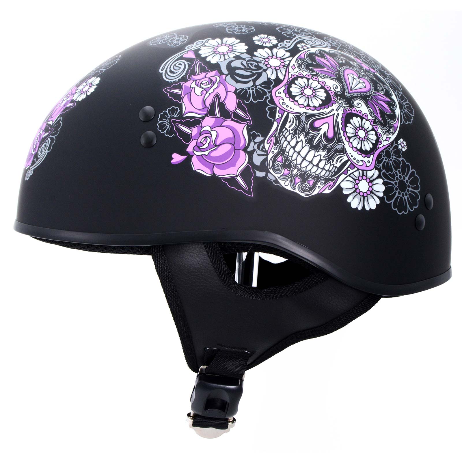 Hot Leathers HLD1031 'Sugar Skull' Flat Black Motorcycle DOT Approved Skull Cap Half Biker Helmet