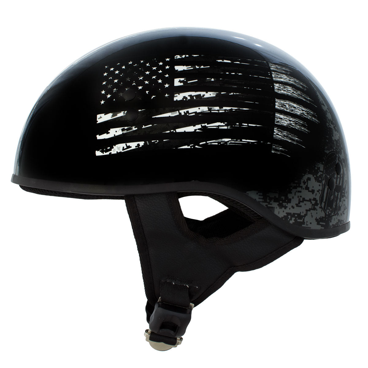 Hot Leathers HLD1043 Gloss Black 'Black and White Warrior Bullet' Advanced DOT Skull Half Helmet for Men and Women