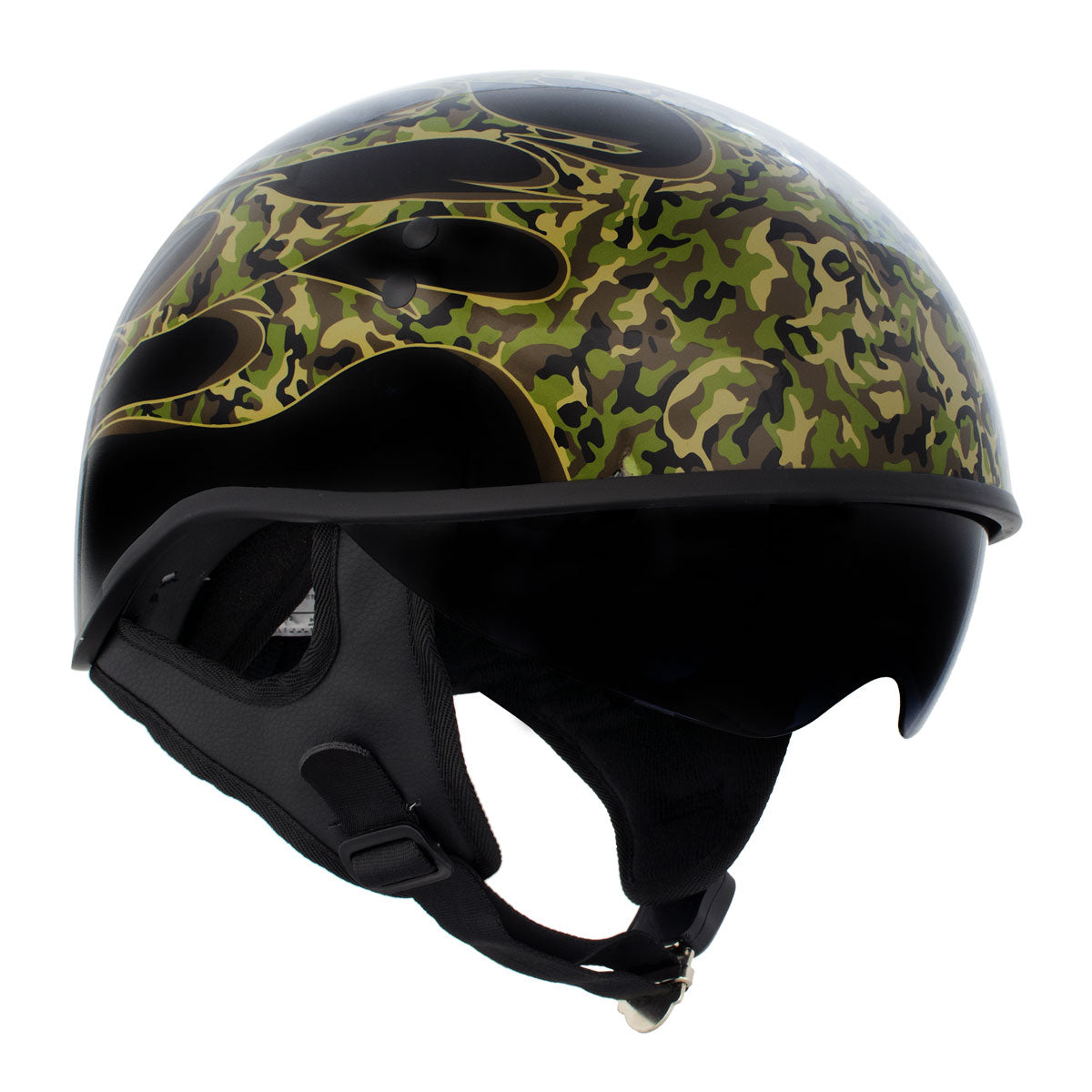 Hot Leathers HLD1047 Gloss Black 'Camo Skull Flames' Advanced DOT Skull Half Helmet with Drop Down Tinted Visor