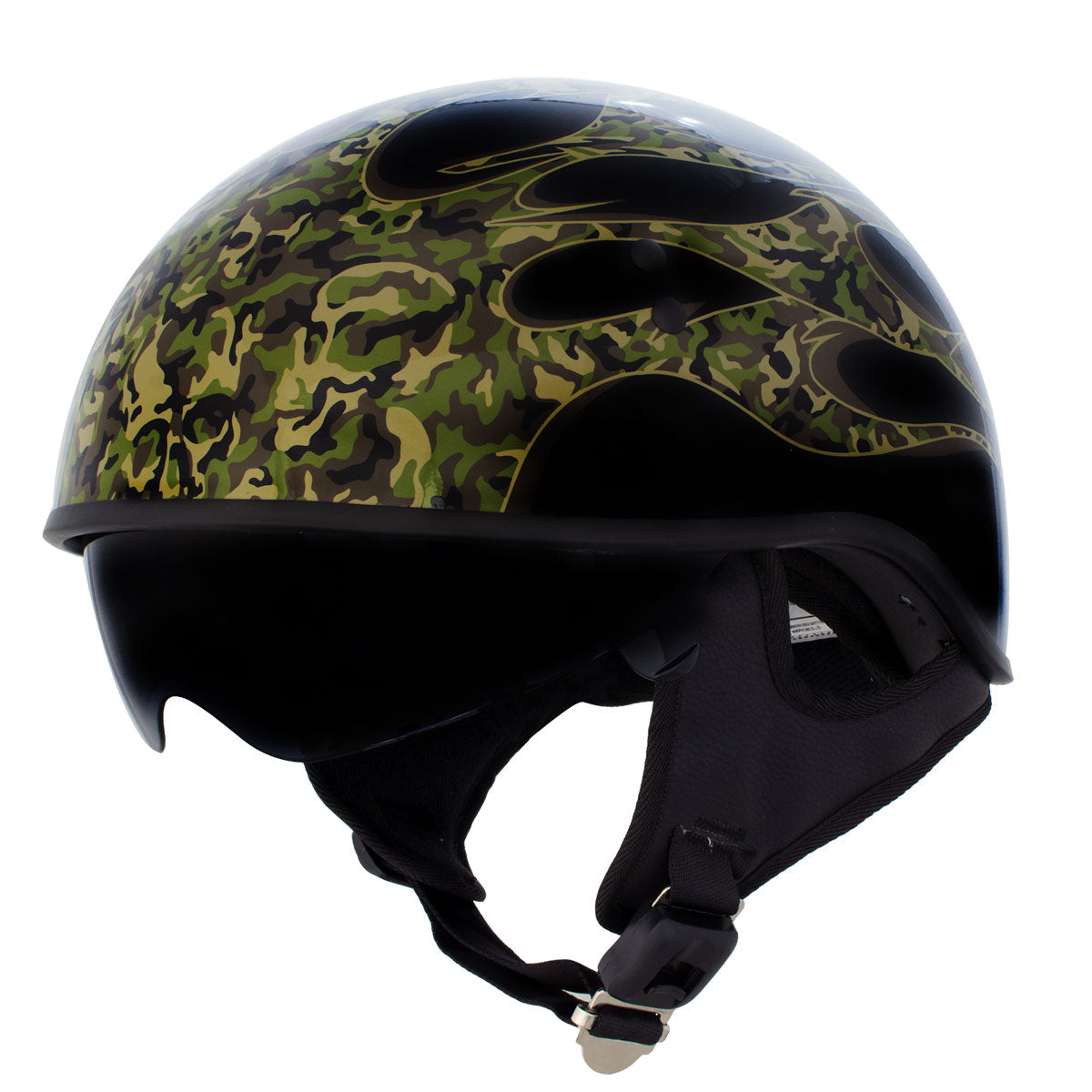 camo motorcycle half helmet Hot Leathers HLD1047 Gloss Black 'Camo Skull Flames' Advanced DOT Skull Half Helmet with Drop Down Tinted Visor