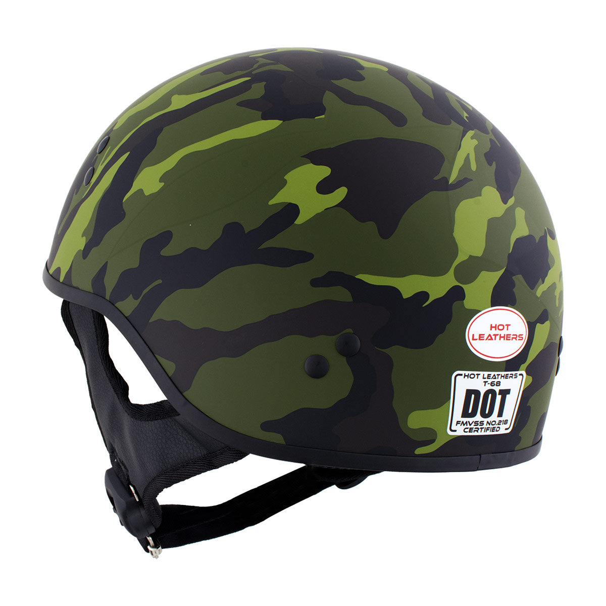 camouflage motorcycle helmet Hot Leathers HLD1049 Camo Matte Green Motorcycle Skull Cap Half Helmet DOT Approved