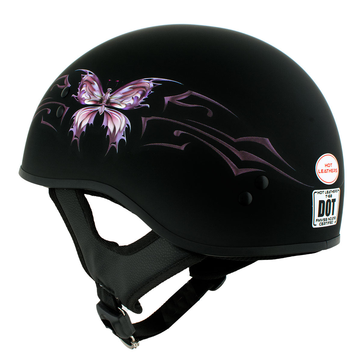 Hot Leathers HLD1052 New Purple Butterfly Flat Black Motorcycle DOT Skull Cap Half Helmet for Men and Women Biker