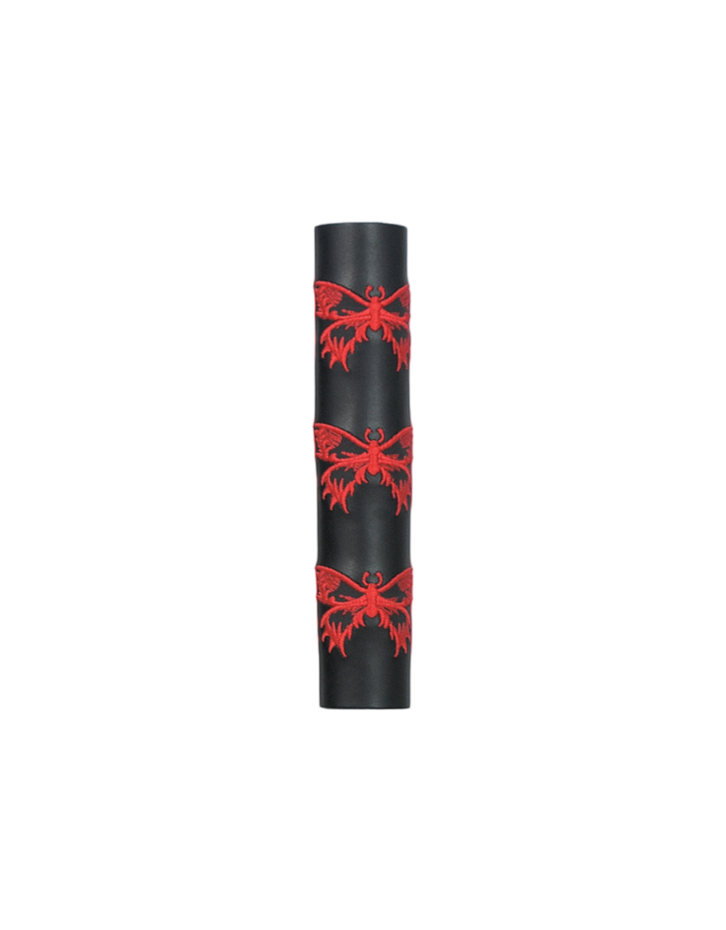 Black leather cylindrical hair tube product with red butterfly patterns on a white background