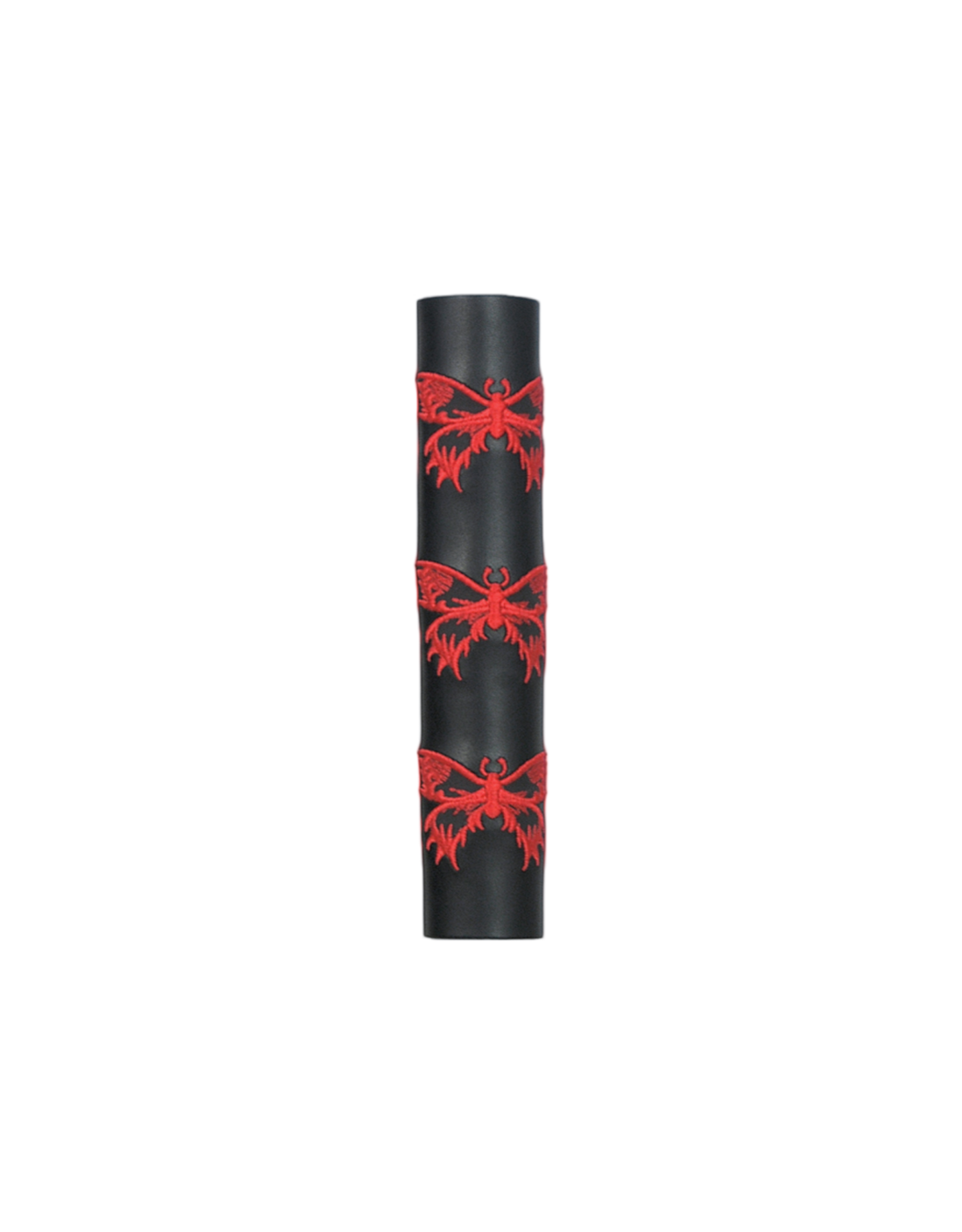 Black leather cylindrical hair tube product with red butterfly patterns on a white background
