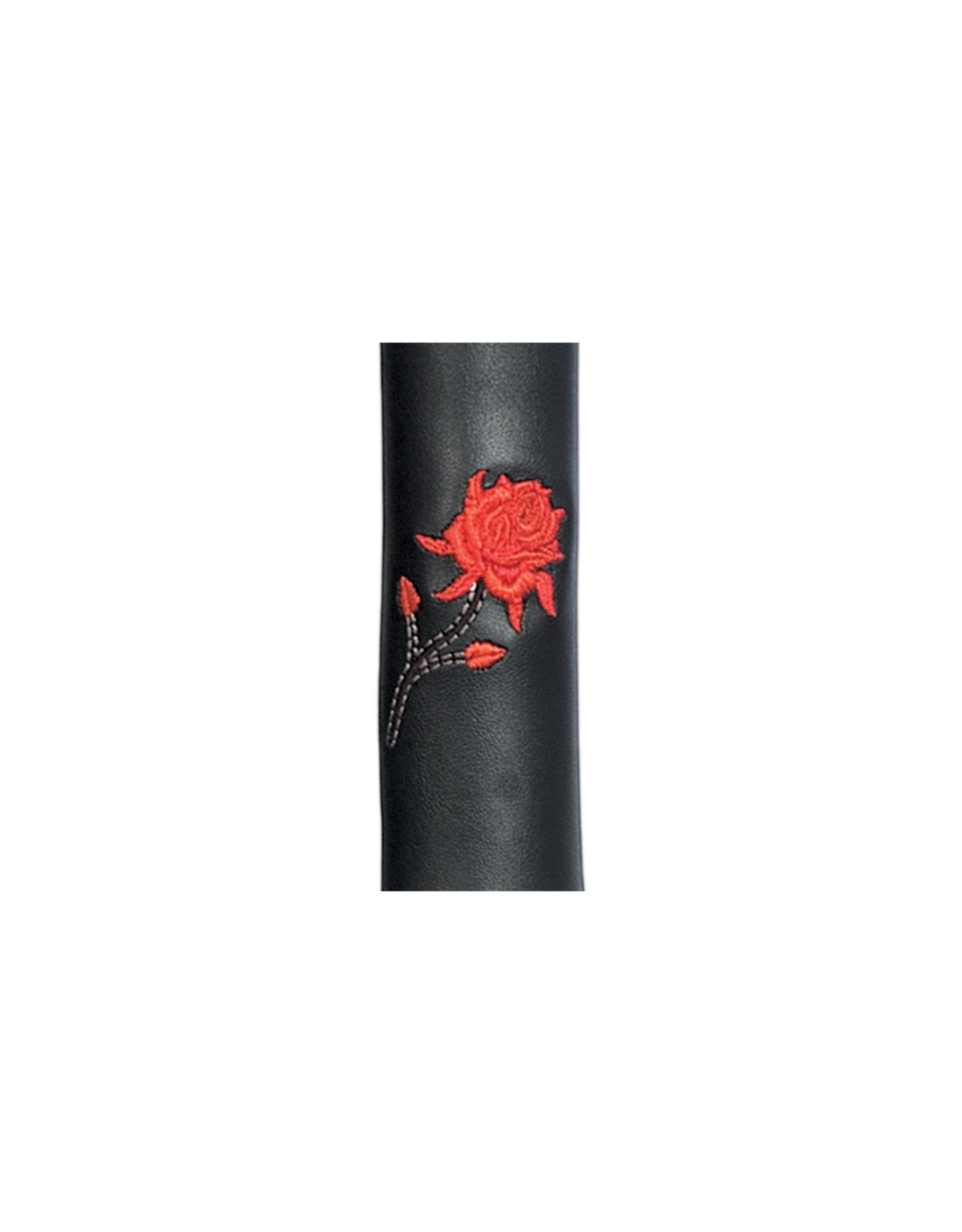 Black leather cylindrical hair tube product with a red rose design on a white background