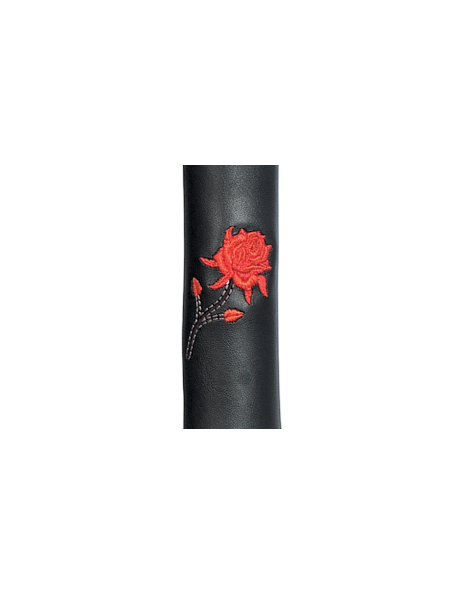 Black leather cylindrical hair tube product with a red rose design on a white background