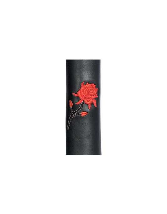 Black leather cylindrical hair tube product with a red rose design on a white background