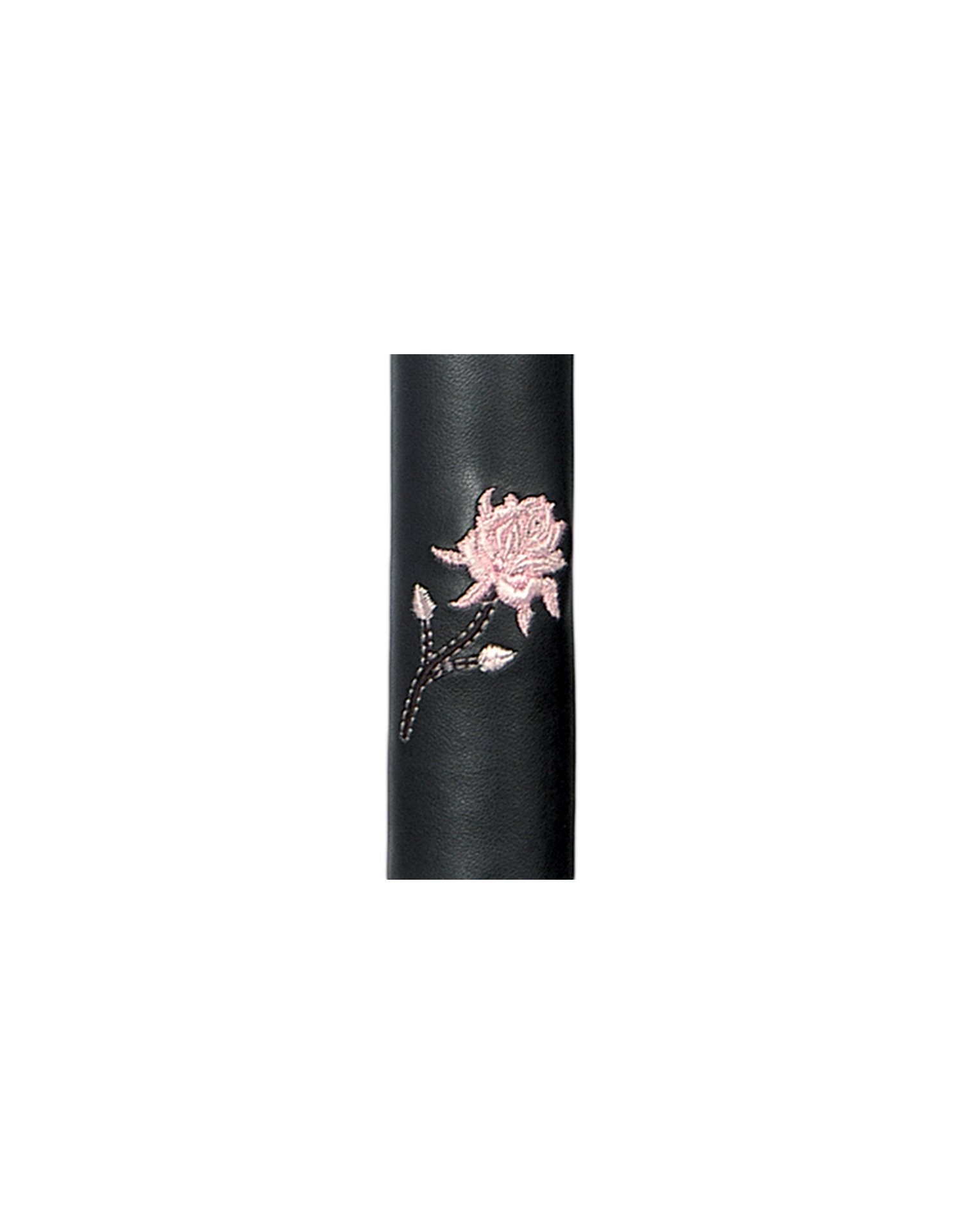 Black leather cylindrical hair tube product with a pink floral design on a white background