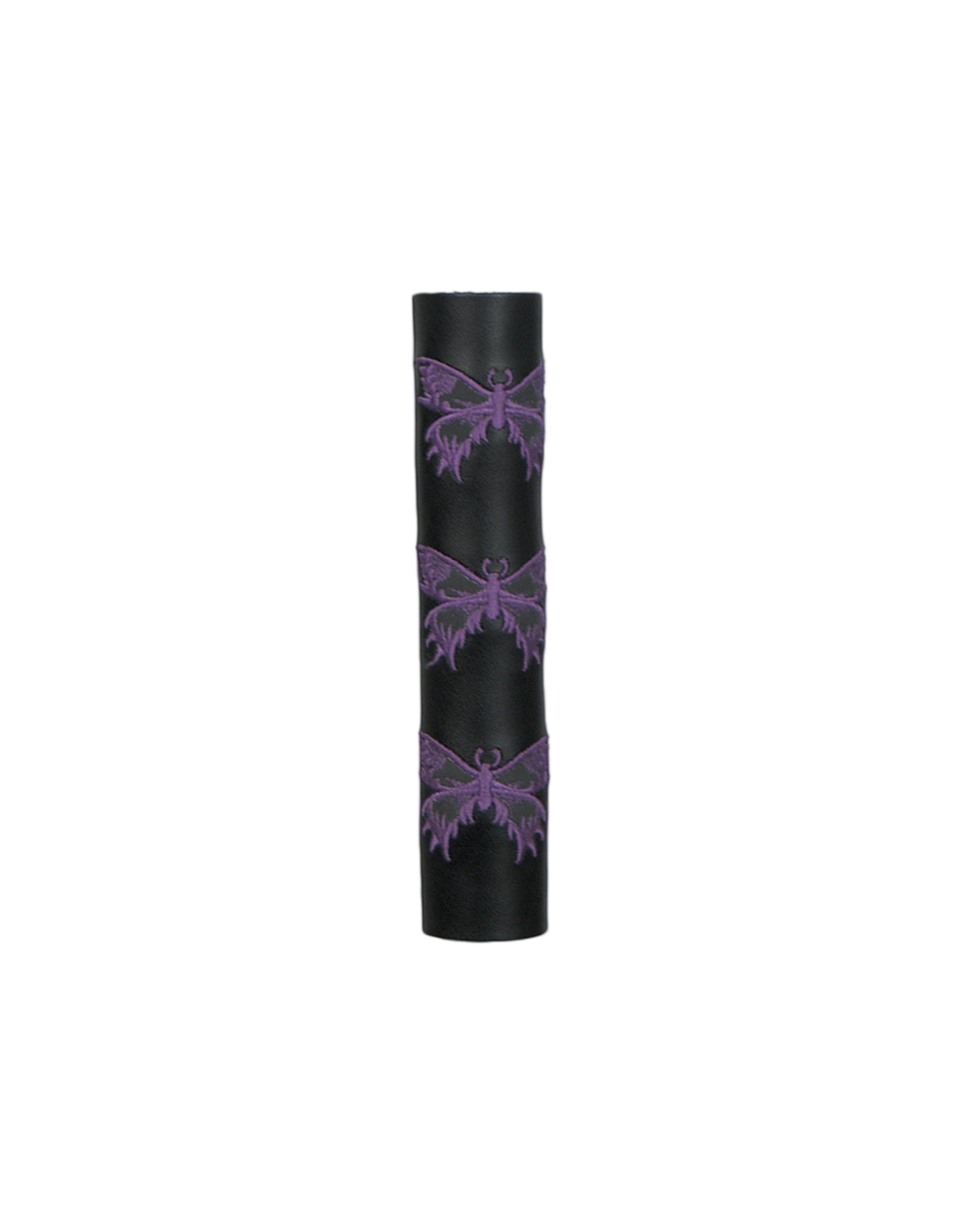 Black leather cylindrical hair tube product with purple butterfly designs on a white background