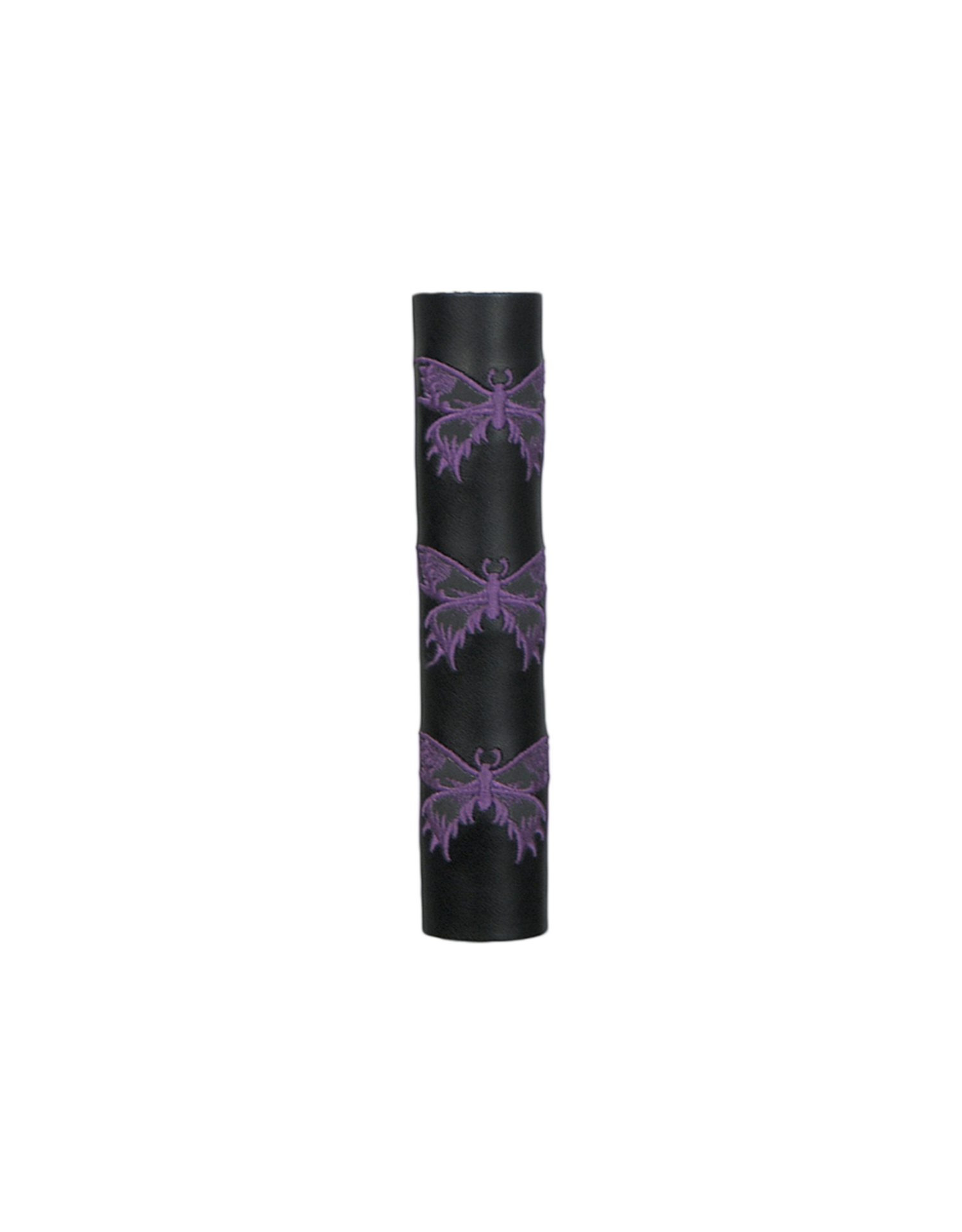 Black leather cylindrical hair tube product with purple butterfly designs on a white background