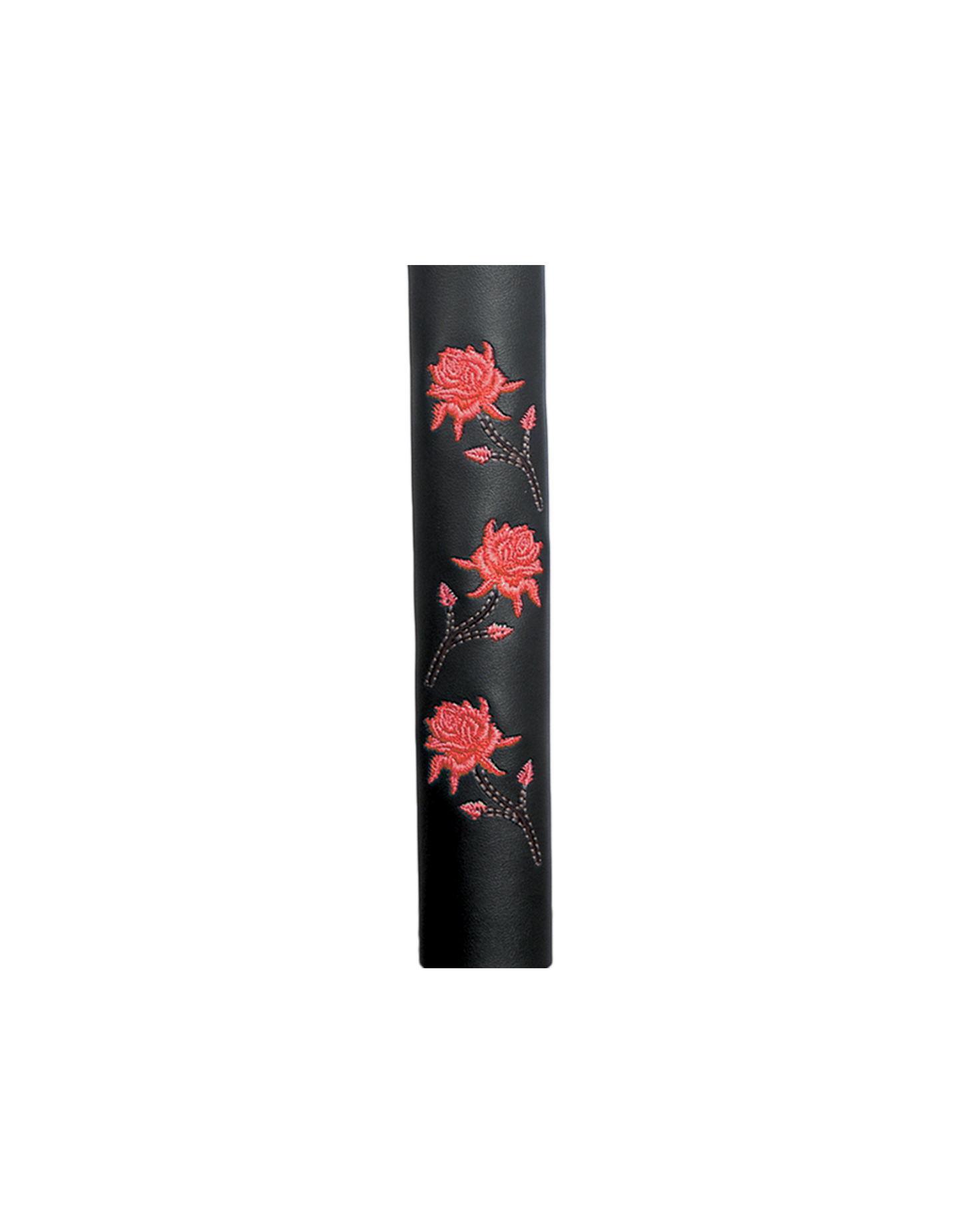 Black cylindrical leather hair tube product with red floral designs on a white background