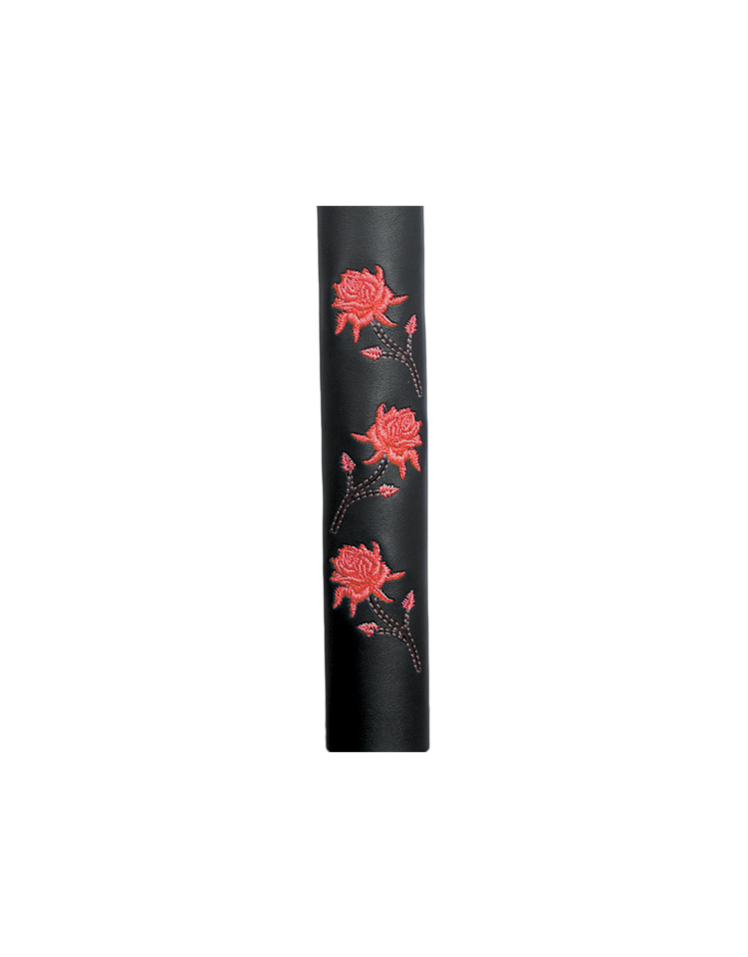 Black cylindrical leather hair tube product with red floral designs on a white background