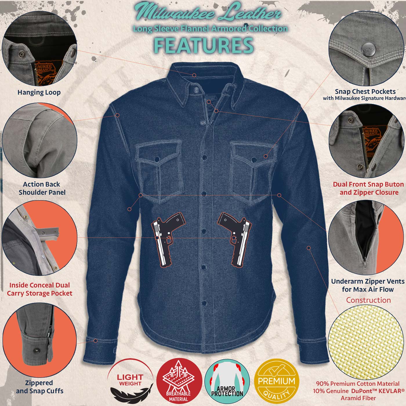 Milwaukee Leather MPM1622 Men's Black Armored Denim Long Sleeve Shirt Reinforced w/ Aramid Fibers