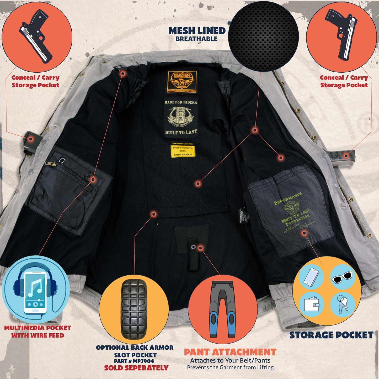 Milwaukee Leather MPM1623 Men's Black CE Armored Long Sleeve Biker Shirt Jacket Reinforced w/ Aramid Fibers