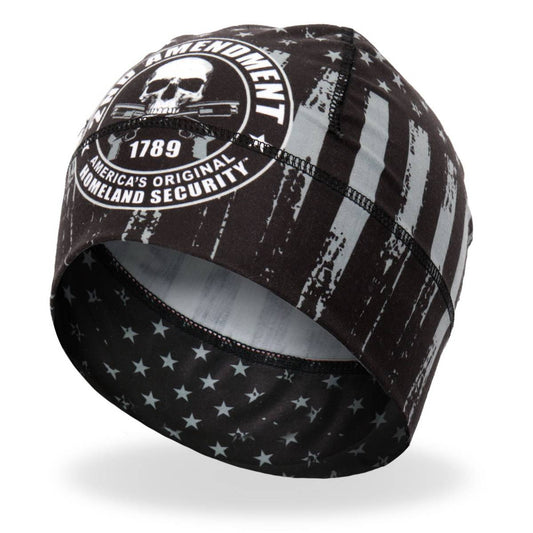A black and gray camouflage helmet liner with a graphic print and text '2ND AMENDMENT' on the front.