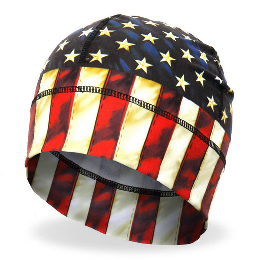 A beanie with the American flag design, featuring stars and stripes in red, white, and blue colors.