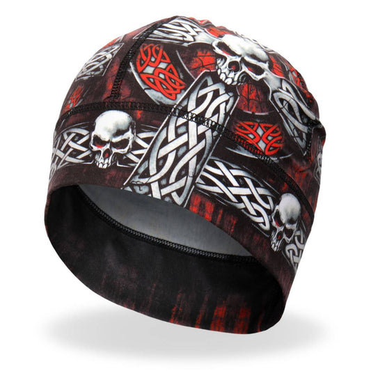 A beanie with a graphic print featuring skulls and geometric designs, predominantly in red and black colors.