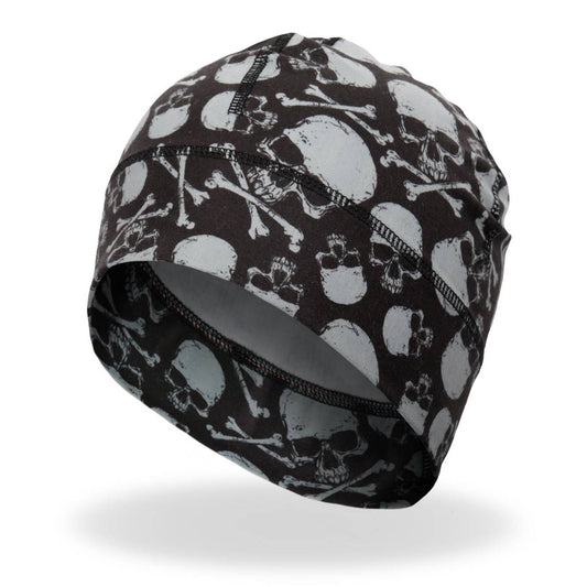 A beanie with a black and white skull and crossbones pattern.