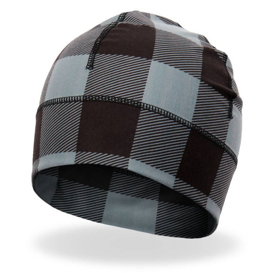 A gray plaid helmet liner beanie by Hot Leathers.
