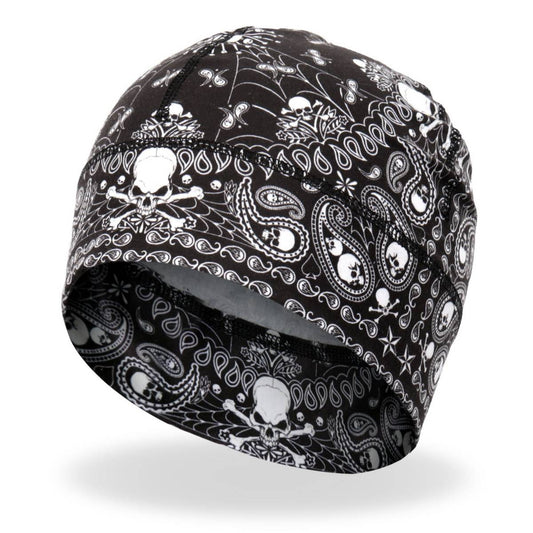 A black and white paisley pattern helmet liner with skull motifs.