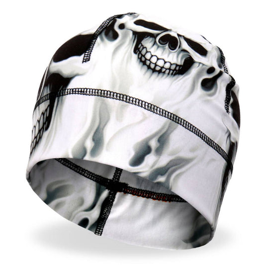A black and white sublimated motorcycle helmet liner with a skull pattern