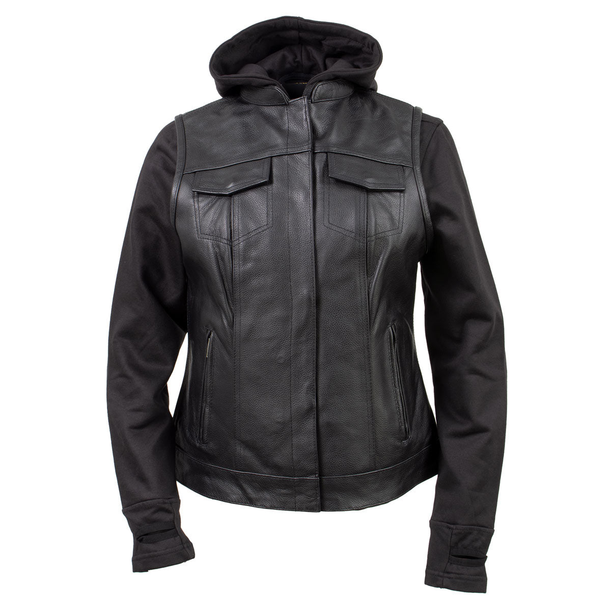 Milwaukee Leather Women's Tara Black Leather Motorcycle Rider 2-in-1 Convertible Hoodie Jacket Vest - LKL4712