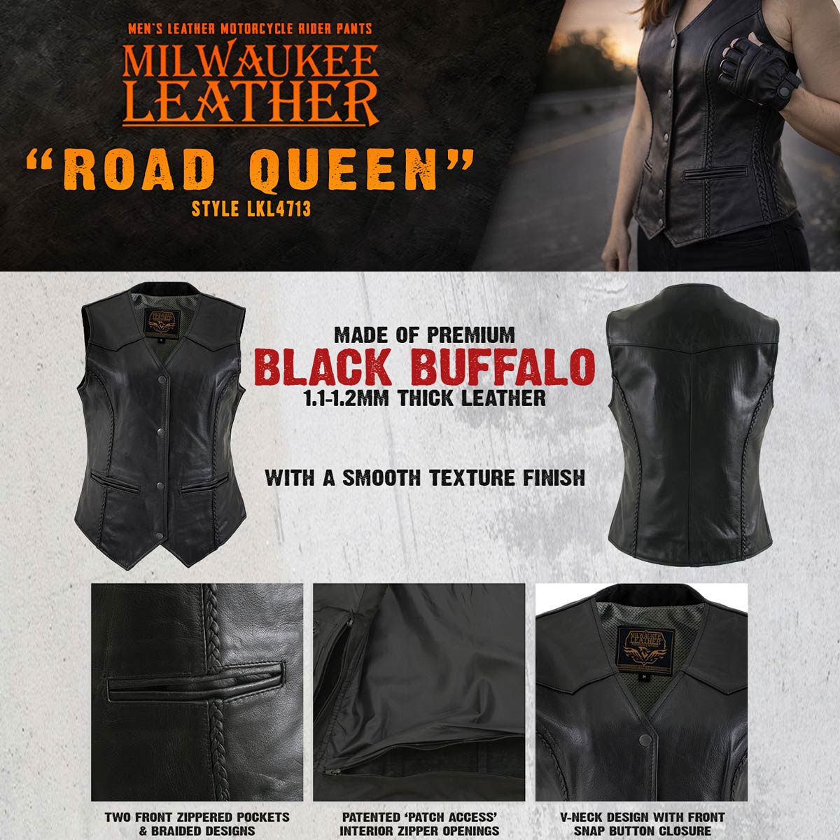 Milwaukee Leather Women's Road Queen Black Braided Buffalo Leather Motorcycle Vest - LKL4713