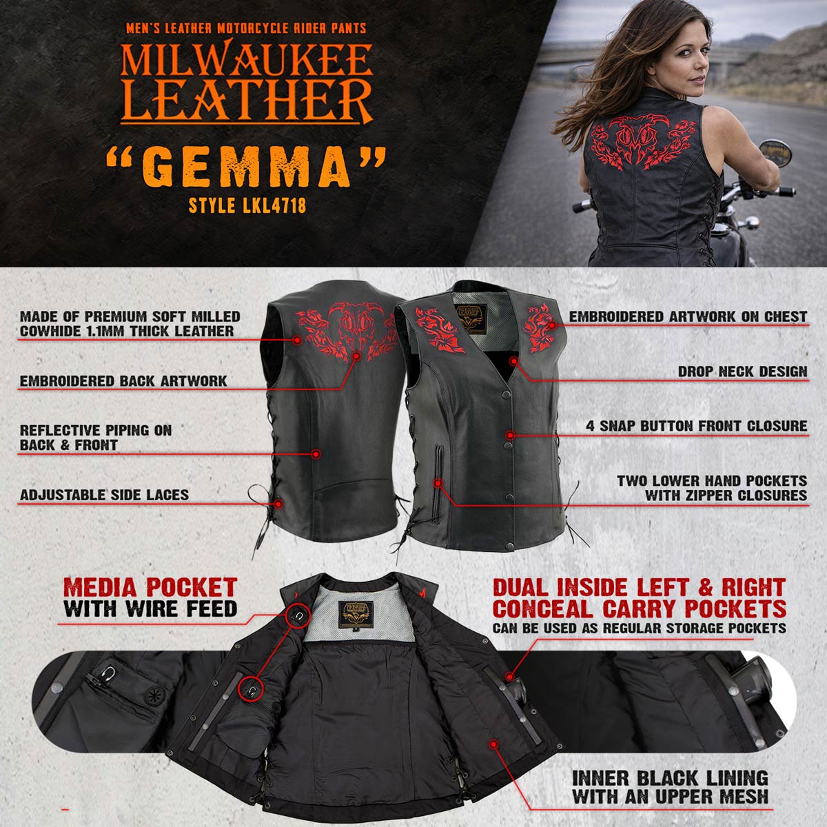 Milwaukee Leather Women's Gemma Black/Red Leather Motorcycle Vest with Side Laces - LKL4718