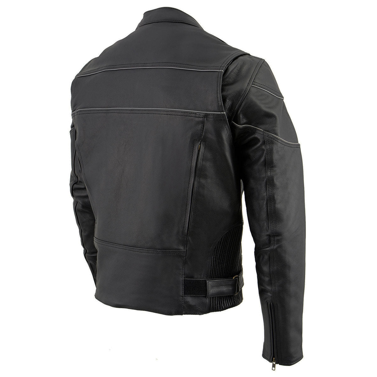 Milwaukee Leather LKM1785 Mens Black Leather Racer Style Motorcycle Jacket w/ Side Stretch and Reflective Piping