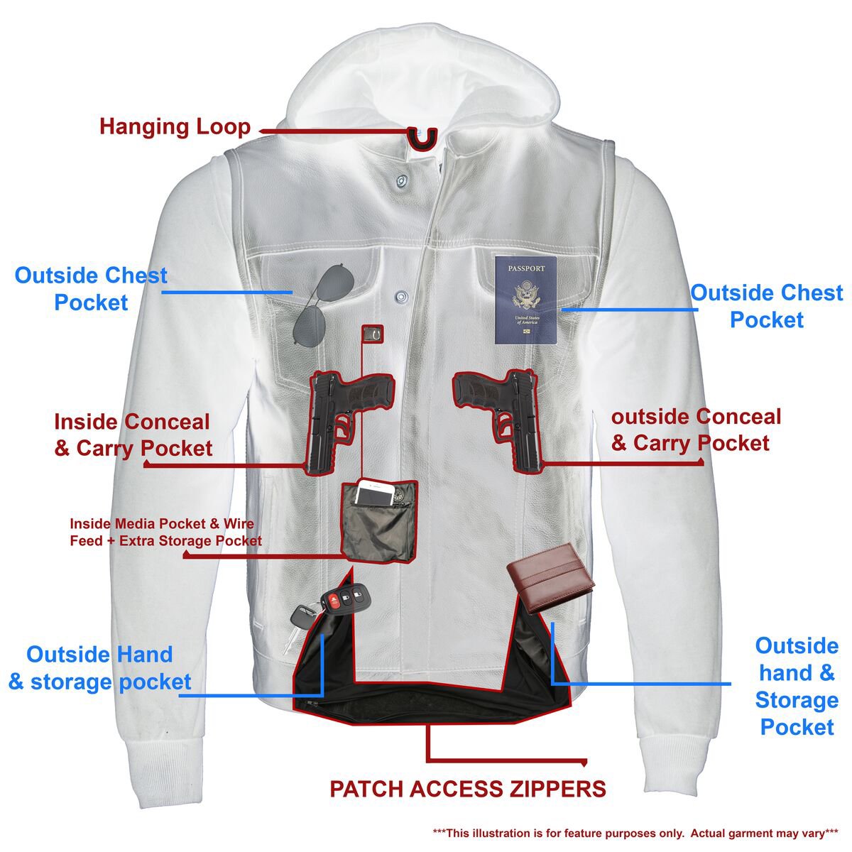 Milwaukee Leather LKM3714 Men's Black Club Style '2 in 1' Zipper Leather Vest with Removable Full Sleeve Hoodie