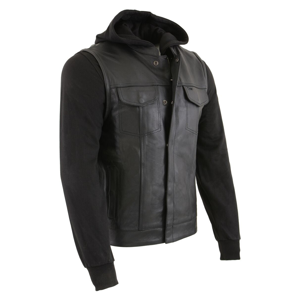 Milwaukee Leather LKM3714 Men's Black Club Style '2 in 1' Zipper Leather Vest with Removable Full Sleeve Hoodie