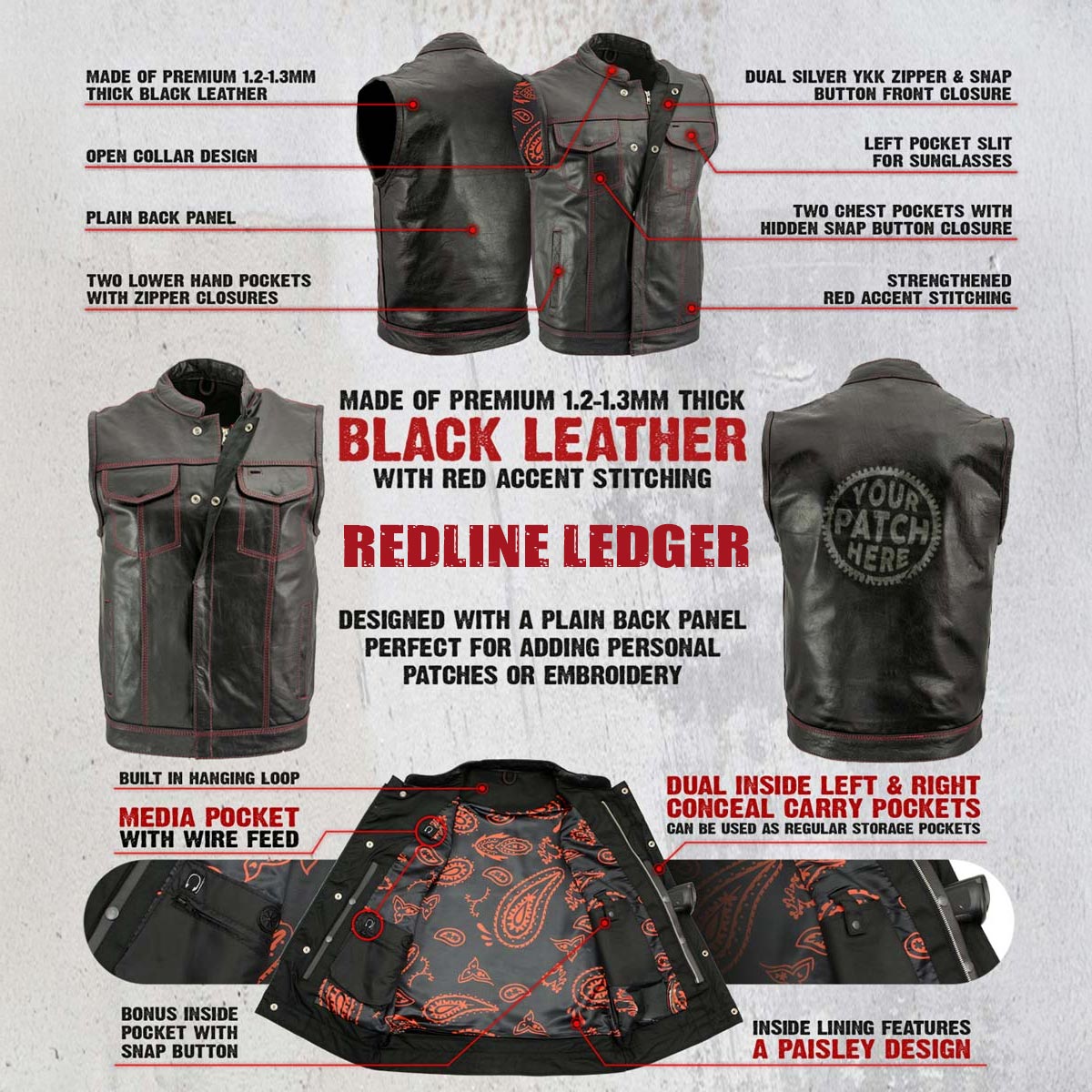 Milwaukee Leather Men's Redline Ledger Club‑Style Motorcycle Premium Leather Vest w/ Red Stitching LKM3788